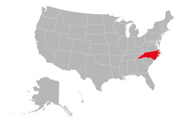 North carolina highlighted red on US political map. Gray background. United States province.