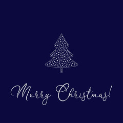 Christmas greeting card design with tree,stars and lettering on blue background.