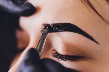 beautician- makeup artist applies paint henna on previously plucked, design, trimmed eyebrows in a...