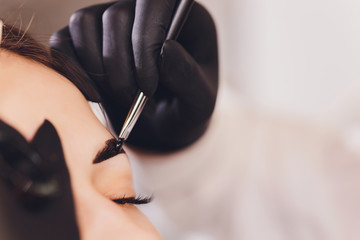beautician- makeup artist applies paint henna on previously plucked, design, trimmed eyebrows in a...