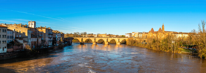 Panorama of the Tarn river and the Pont Vieux in Montauban in Occitania, France