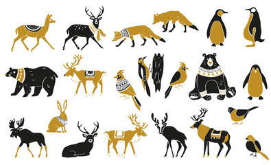 Set of winter animals silhouettes. Set of Christmas Scandinavian elements. Nordic retro design. Isolated vector illustration objects. Forest wild animals and birds. Vector hand drawn illustration.
