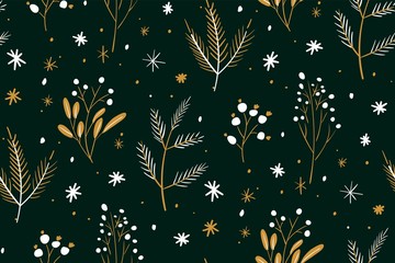Christmas and Happy New Year seamless pattern. Hand drawn floral winter texture with christmas tree branches and berries.