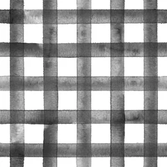 Photo sur Plexiglas Peindre et dessiner des lignes Motif sans couture à carreaux à rayures aquarelle. Rayures grises noires sur fond blanc