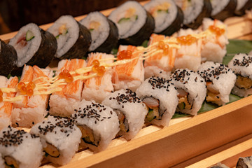 Sushi Salmon set on the wooden plate
