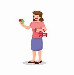 mom holding money or voucher coupon with shopping cart in cartoon flat illustration vector