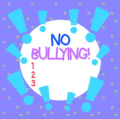Word writing text No Bullying. Business photo showcasing stop aggressive behavior among children power imbalance Asymmetrical uneven shaped format pattern object outline multicolour design