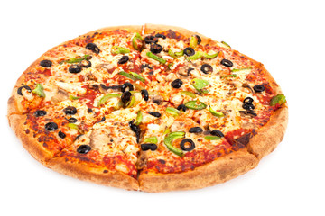 Pizza with olives cheese and green pepper