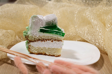 A piece of cake on a white plate