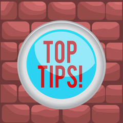 Handwriting text Top Tips. Conceptual photo small but particularly useful piece of practical advice Circle button colored sphere switch center background middle round shaped
