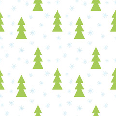 Fototapeta na wymiar Vector seamless pattern snowy background with green christmas trees with blue light snowflakes.
