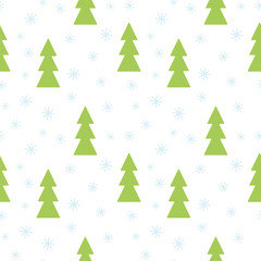 Vector seamless pattern snowy background with green christmas trees with blue light snowflakes.