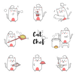cute cat chef cooking pizza cookie cake strawberry egg fired cartoon hand drawn for kid doodle and kawaii. collection set