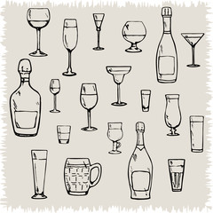 Set of bar dishes on a beige background. Vector illustration of wine bottles, glass goblets, glasses, wineglasses, mugs for alcoholic drinks and cocktails. Hand drawn restaurant equipment silhouettes.