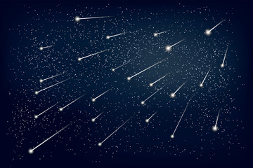 Star rain in the night sky. Vector illustration of a falling starfish against black background. Meteor shower in space. Many flying meteorites among the galaxy.  © dore art