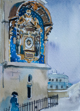 watercolor postcart illustration with medieval clock on Conciergerie prison building with a man in historical dress