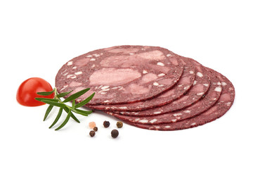 Homemade blood sausage slices, german cuisine, isolated on white background