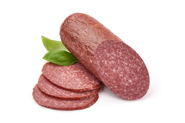 Smoked pork Sausage, dried pork salami, isolated on white background
