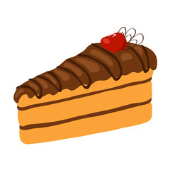 piece of chocolate cake. Cake with chocolate cream and cherries. Vector illustration. Isolated object on a white background.