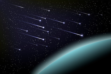 Star rain and planet earth in the night sky. Vector illustration of a falling stars on the black background. Meteor shower in space. Many flying meteorites among the galaxy © dore art
