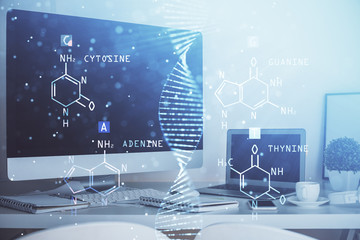 Desktop computer background and DNA drawing. Double exposure. Science concept.