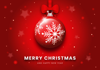 Christmas card with red balls and snowflakes. Merry Christmas and happy new year image.