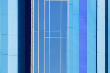 Digitally rendered image of windows. Abstract modern architecture of an office building. Exterior with steel and glass pattern. Striped and checkered geometric background with parallel lines.