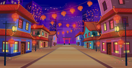 Panorama chinese street with chinese zodiac sign year of red rat, houses, chinese arch, lanterns and a garland at night. Vector illustration of city street in cartoon style. 
