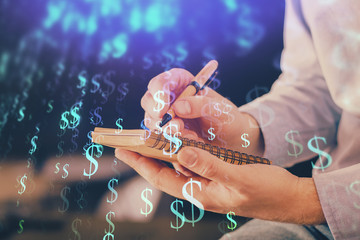 Double exposure hands with stock market chart.