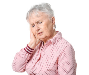 Senior woman suffering from toothache on white background