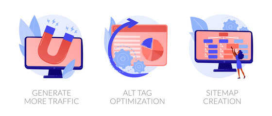 Website promotion services icons set. Search engine optimization business. Generate more traffic, alt tag optimization, sitemap creation metaphors. Vector isolated concept metaphor illustrations. - obrazy, fototapety, plakaty