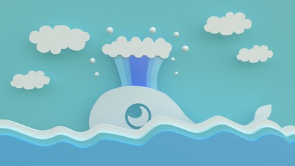3d rendering, 3d illustrator, of Whales swimming on the water surface On a bright blue day with white clouds