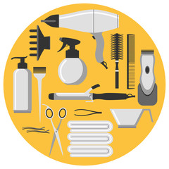 Hairdresser tools. Beauty salon icons set. Flat style. Vector illustration.