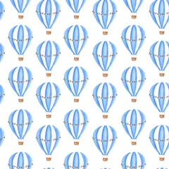 Tapeten Nahtloses Muster mit Heißluftballons, Aquarellmalerei. Für Designkarten, Banker, Textil © Татьяна Пушная