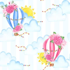 Stickers fenêtre Animaux avec ballon Modèle sans couture avec montgolfières, aquarelle. Pour cartes design, banquiers, textile