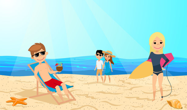 People relax on the beach. Young man in the chaise, the girl with the surfboard. Couple in love walks on the beach. Vector illustration. The cartoon style.