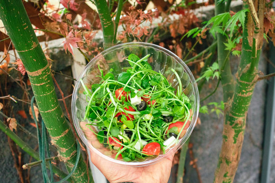 mano sosteniendo bowl de ensalada, tomate, aceitunas, berros, queso