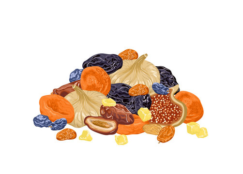 Mix of dried fruits isolated on white background. Pile of dried dates, figs, raisins, prunes and dried apricots. Vector illustration of organic healthy food, natural sweets in cartoon flat style.