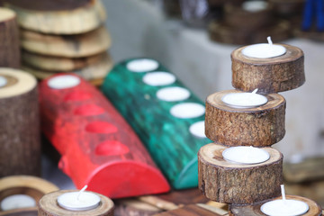 Selective Focus On Round Circular Wooden Candle With Blur Background