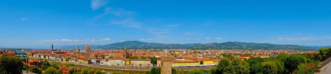 Fototapeta na wymiar Firenze scenery panorama, Italy Europe. Beautiful landscape view of amazing Florence city with Cathedral Duomo Santa Maria del Fiori and bridges over the river Arno at sunset. Italian summer vacation.