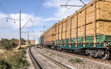 Fototapeta na wymiar Railway transport carrying construction lumber