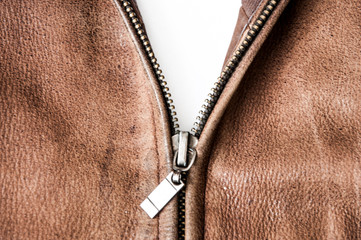 An unzipped bbrown leather jacket wide open