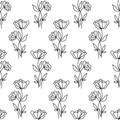 Wall murals One line Floral seamless pattern with poppies flowers, endless texture, ink sketch art