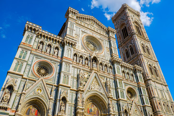 Italian Florence city with famous landmark Cathedral Duomo Santa Maria del Fiori. Basilica Saint Mary of the Flower, Renaissance architecture in Tuscany, Italy, Europe. Travel destination, Firenze.