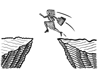 Drawn Business Woman Jumping From Cliff To Cliff
