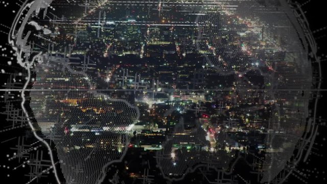 Panoramic city lights at night inside a digitally generated earth