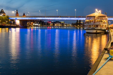 Obraz premium Szczecin cityscape with beautiful sunset, Poland, Europe.