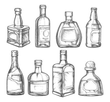 Alcohol drink bottles, sketch vodka, whiskey, rum