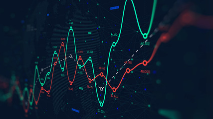 Global network of world big data, financial profit and loss curve, background for business, monitor screen in perspective