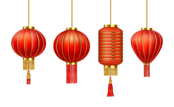 Realistic Chinese New Year red paper lanterns
